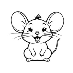 A simple black and white vector illustration of a baby mouse beaming with happiness, tail flicking with joy on a white background