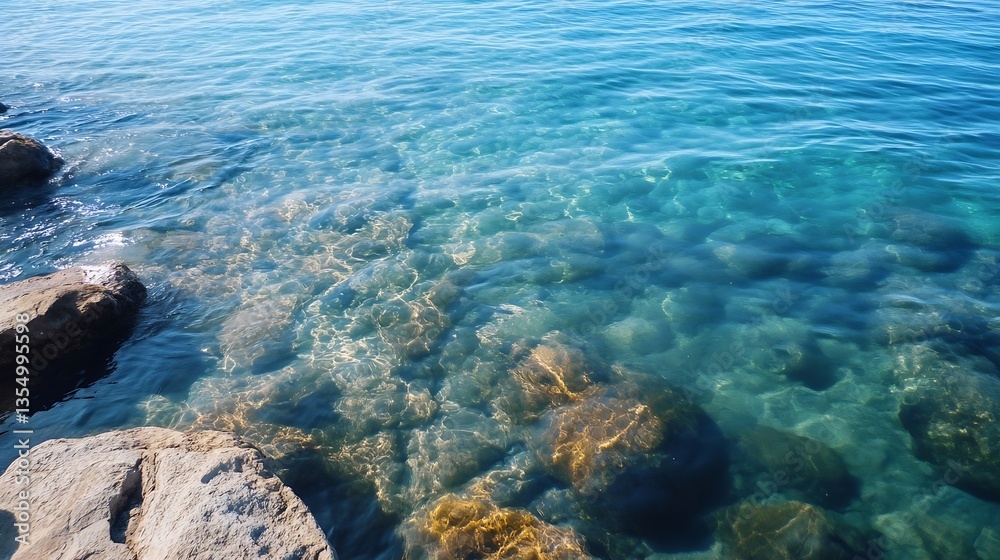 Poster crystal clear aqua water with rocks underneath illuminated by gentle sunlight in tranquil scene : ge