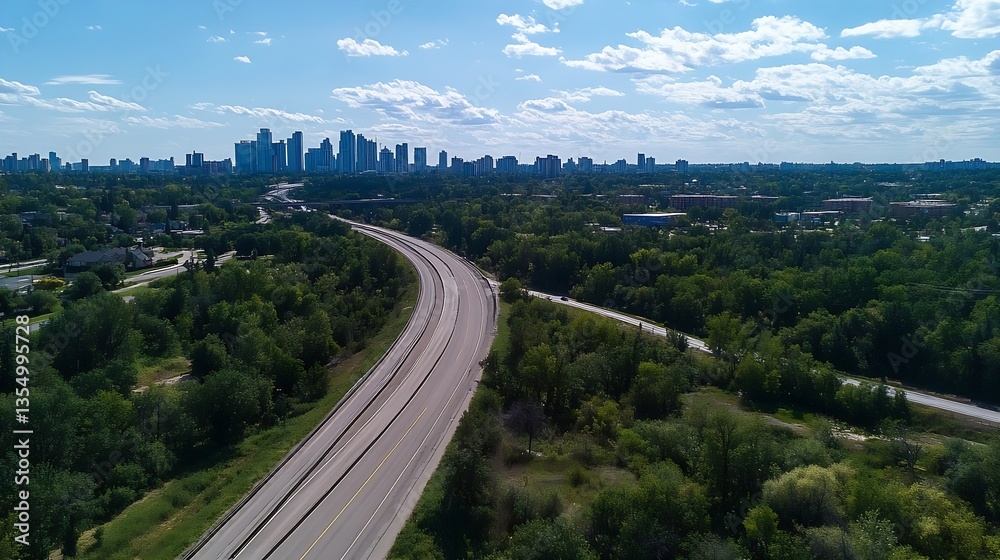 Poster aerial view of urban skyline surrounded by lush greenery and open roads in bright daylight : generat