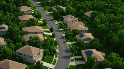 Fototapeta premium Aerial View of Suburban Homes with Solar Panels Green Environment Eco Friendly Neighborhood