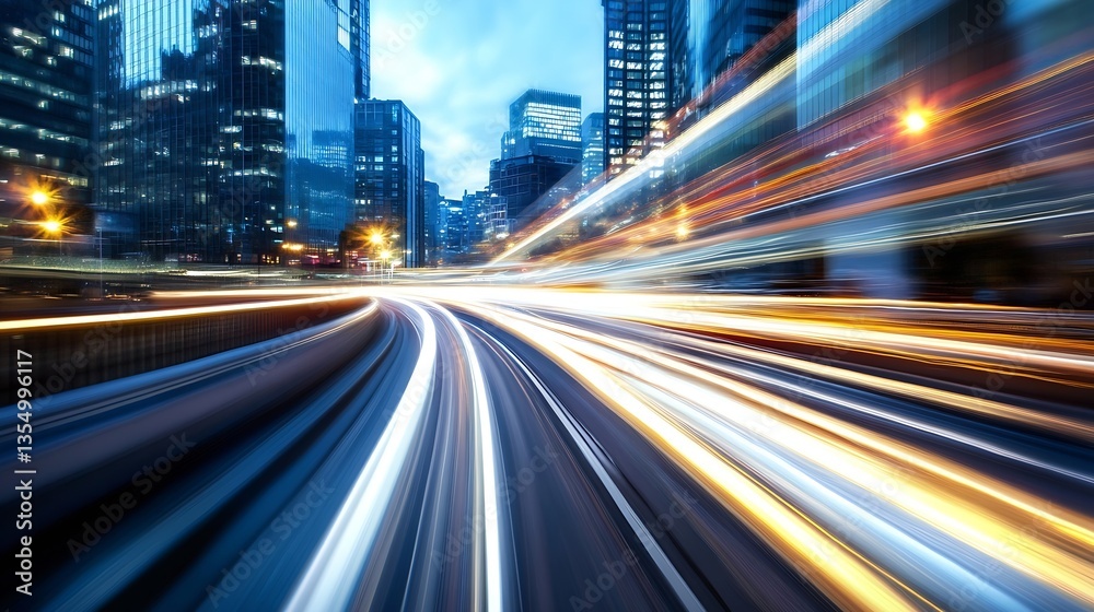 Aufkleber dynamic cityscape with motion blur from passing vehicles at dusk showcasing vibrant city lights : ge