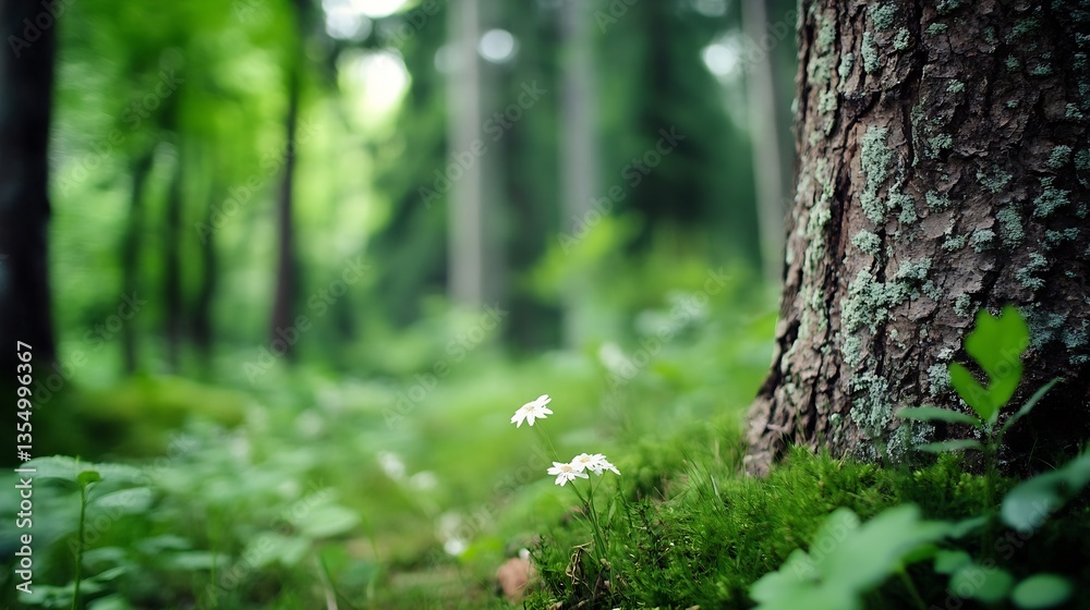 Poster a serene forest scene with blossoming flowers and towering trees captured in lush greenery and soft 