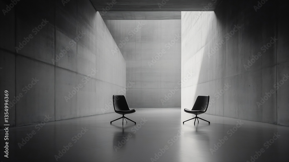 Poster Minimalist interior design featuring two modern chairs in a stark concrete room with soft lighting : Generative AI