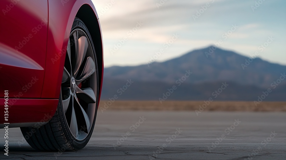 Poster closeup view of a sleek red car wheel showcasing stylish design against a scenic mountain backdrop :