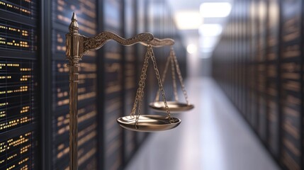 Justice scales in a server room, symbolizing data security and legal compliance.