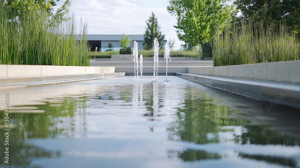Poster tranquil urban water feature surrounded by lush green plants and modern architecture : generative ai