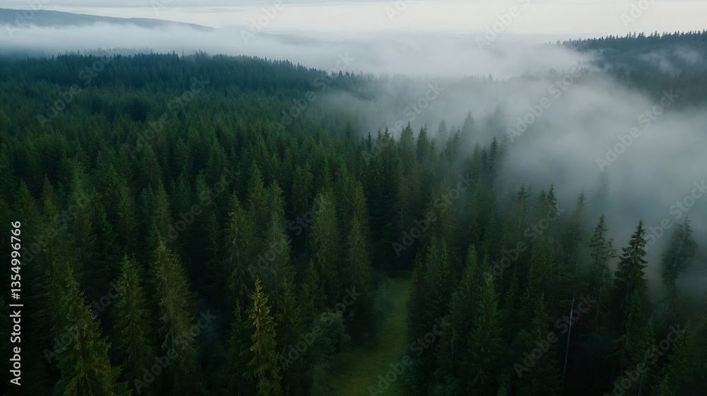 Poster aerial view of a dense pine forest shrouded in fog during early morning light : generative ai