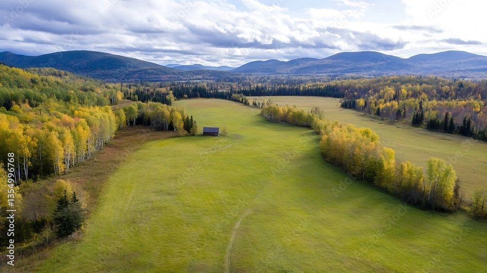 Poster expansive aerial view of a vibrant green field surrounded by beautiful mountains and clouds : genera