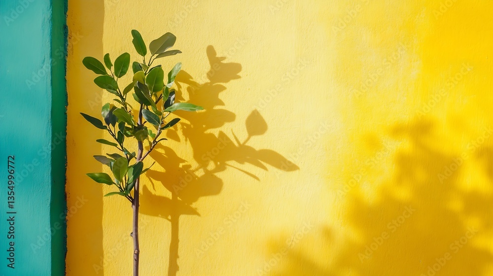 Poster vivid yellow and green wall casting shadows of a small tree in an artistic urban space design : gene