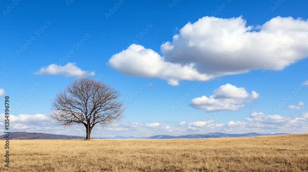Aufkleber lone tree standing tall in an expansive field under a beautiful cloudy sky : generative ai