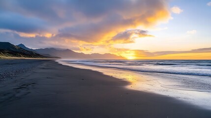 Obraz premium Breathtaking Coastal Sunset Over Serene Beach with Gentle Waves and Mountain Backdrop : Generative AI