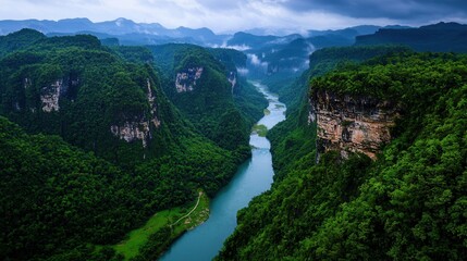 Stunning Aerial View of Lush Green Canyon River Valley Landscape