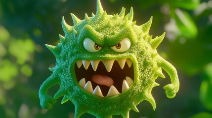 A vivid, exaggerated cartoon virus character with sharp teeth and an angry expression surrounded by green foliage, emphasizing health and environmental themes.. AI Generation