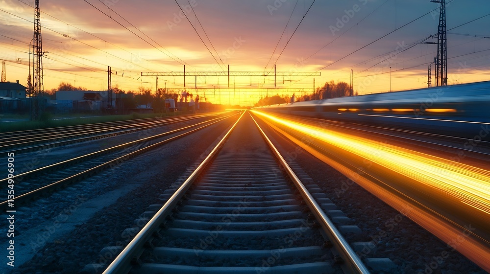 Poster vibrant sunset illuminating train tracks with speeding trains creating dynamic light trails on the h