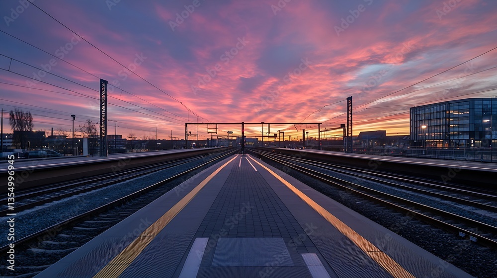 Aufkleber Striking view of a train station at dusk with vibrant colors illuminating the sky : Generative AI