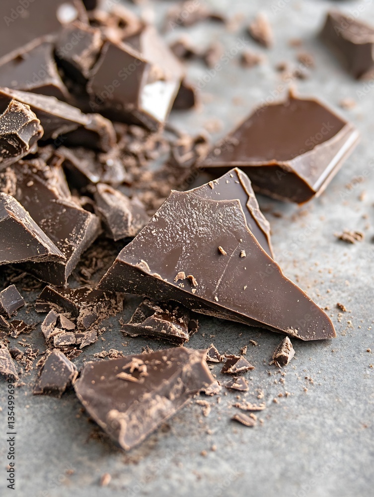 Poster close up of broken chocolate pieces on a textured surface showcasing dark chocolate's rich texture a