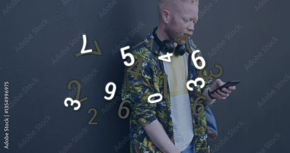 Poster man using smartphone with floating numbers animation over dark background