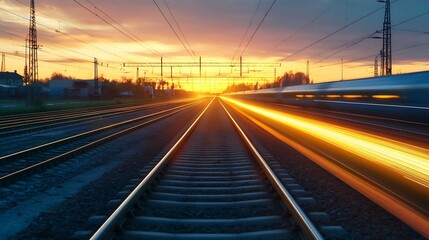 Vibrant sunset illuminating train tracks with speeding trains creating dynamic light trails on the horizon : Generative AI