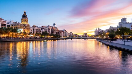 Fototapeta premium Vibrant cityscape at sunset along the river highlighting architectural beauty and lively atmosphere : Generative AI