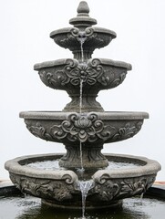 Ornate tiered stone fountain with water trickling into a pond.