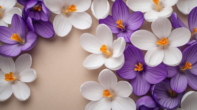 White and violet crocuses arranged on a beige cardboard surface, displayed in a spring-inspired layout, smooth floral textures, crisp focus, soft shadows, and elegant and natural appearance.