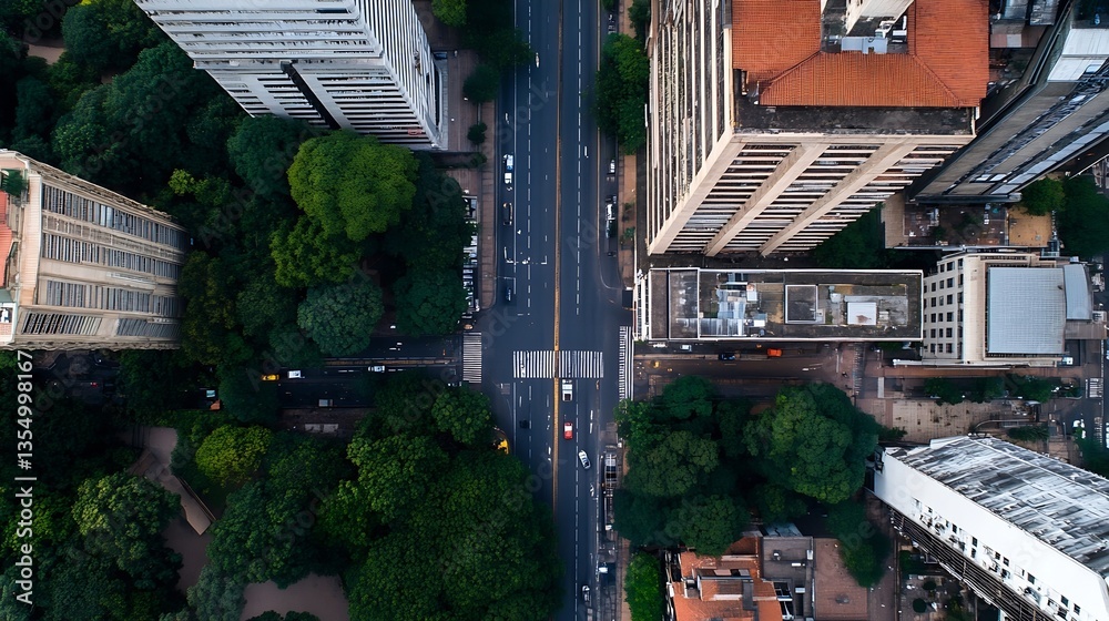 Poster aerial view of a city intersection surrounded by lush green trees and urban buildings : generative a