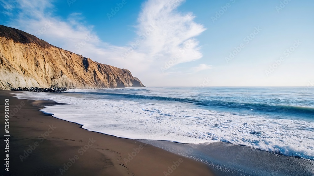 Poster beautiful beach view with gentle waves and dramatic cliffs under a vibrant sky : generative ai
