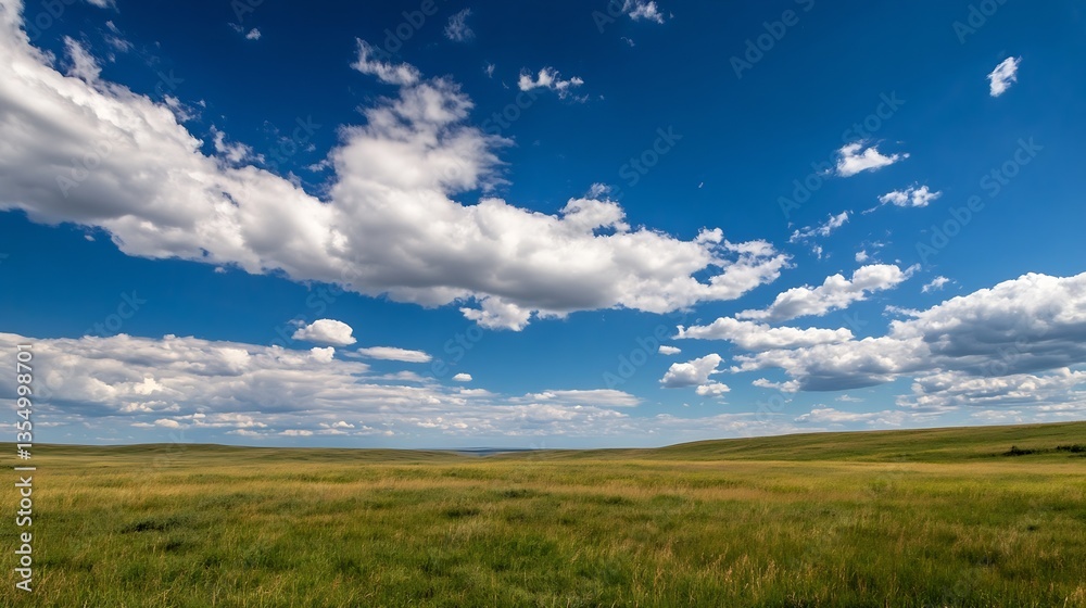 Poster vast green field under a bright blue sky dotted with fluffy white clouds : generative ai