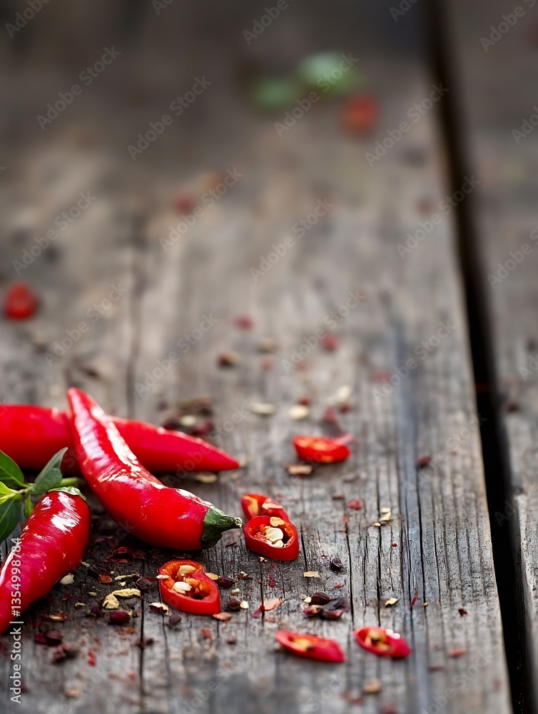 Poster Spicy red chilies scattered on wooden surface with fresh herbs creating a bold culinary display : Generative AI