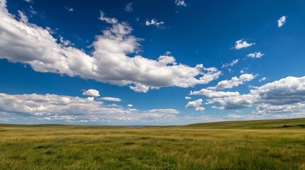 Fototapeta premium Vast green field under a bright blue sky dotted with fluffy white clouds : Generative AI