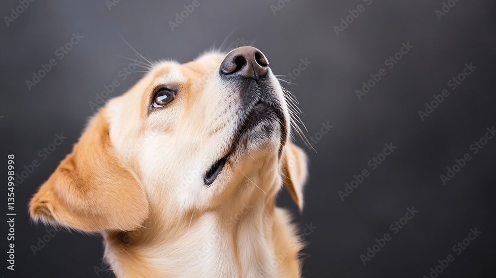 Aufkleber golden labrador retriever dog looking up with soft expression against dark background : generative a