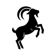 Stylized goat silhouette, rearing black mountain goat, tribal art, sharp horns, dynamic pose, stark contrast, minimalist design, bold graphic