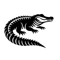 Obraz premium Black and white illustration of alligator silhouette, stylized crocodile, reptile icon, simplified animal design, graphic art,scaly texture, curved body shape, predator symbol, nature-inspired logo.