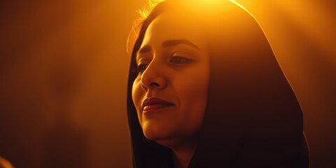 Mid age woman Biblical character praying, Cinematic portrait closeup. 