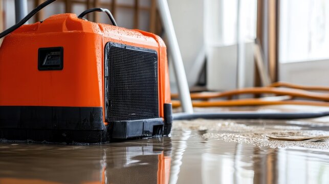 Water Damage Restoration: Orange Dehumidifier in Flooded Room
