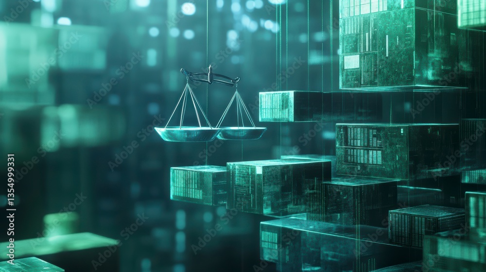 Poster digital scales of justice hover over abstract green data blocks, representing cybersecurity, law, an