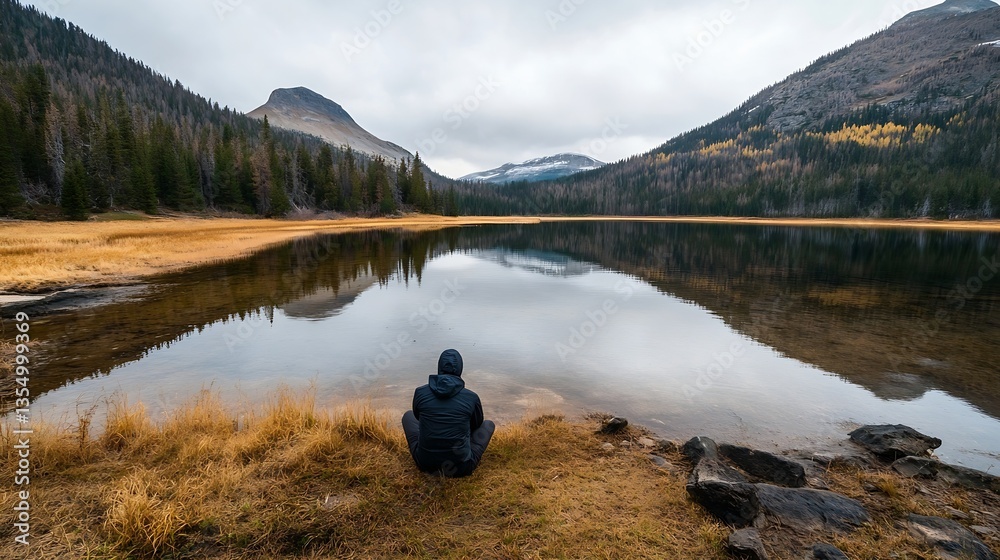 Poster Tranquil lake view with surrounding mountains and colorful trees in autumn : Generative AI