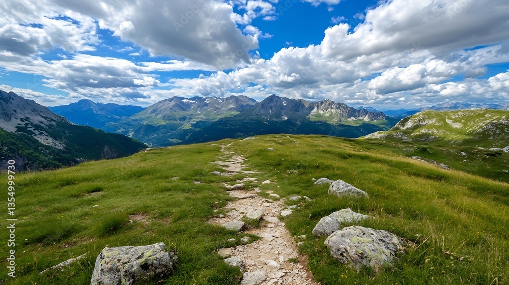 Poster breathtaking panoramic view of rugged mountains under a vivid blue sky with fluffy clouds : generati