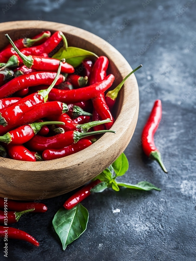 Aufkleber vibrant red chili peppers piled in a rustic bowl highlighted against a dark backdrop showcasing thei
