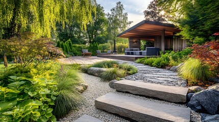 Fototapeta premium Landscape design featuring beautiful walking paths and natural elements image
