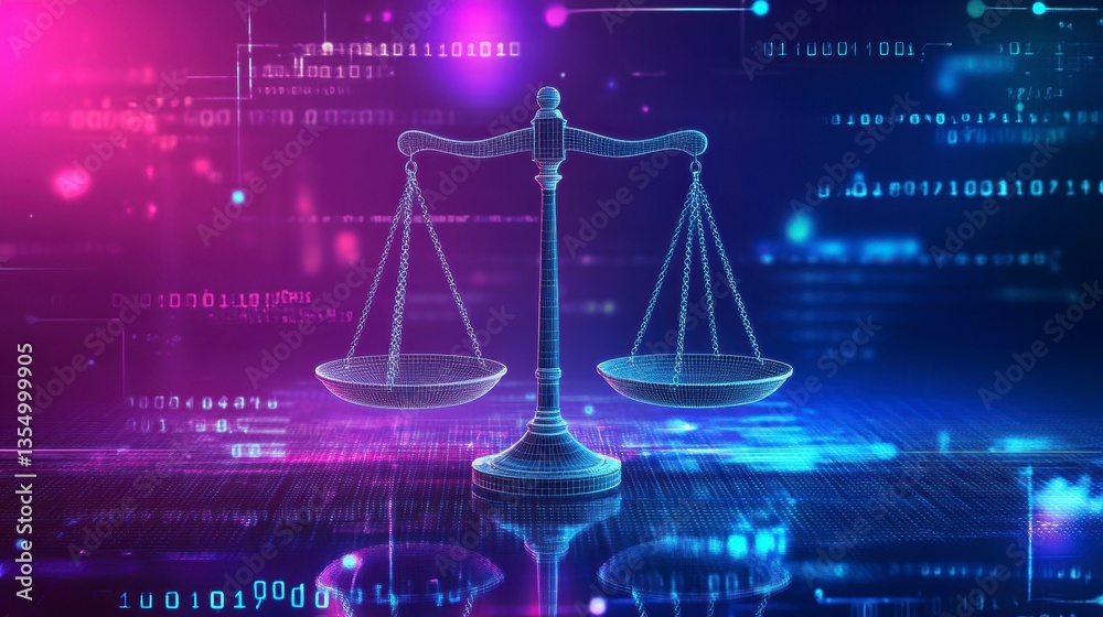 Aufkleber Digital scales of justice;  cyber law, binary code background.