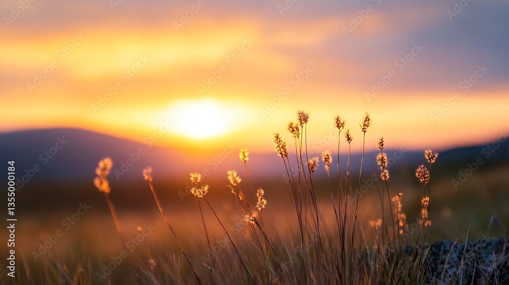 Aufkleber Golden Sunlight Filtering through Grasses at Dusk Creating a Warm and Inviting Atmosphere : Generative AI