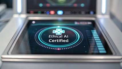 AI Ethics Healthcare. Digital interface displaying "Ethical AI Certified" with vibrant graphics and interactive elements.