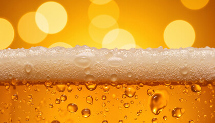 Close-up of golden beer with bubbles and foam against warm lights
