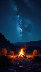 Naklejka premium Desert wilderness under the vast and dark night sky with fire, night sky, campfire