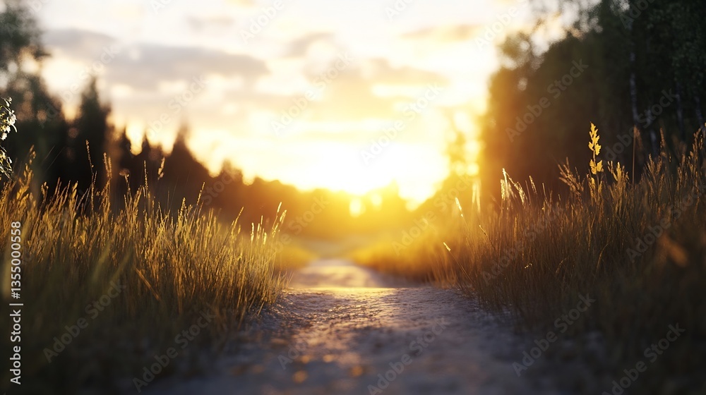 Poster Scenic sunset over a winding path with tall grass and trees creating a serene nature atmosphere : Generative AI