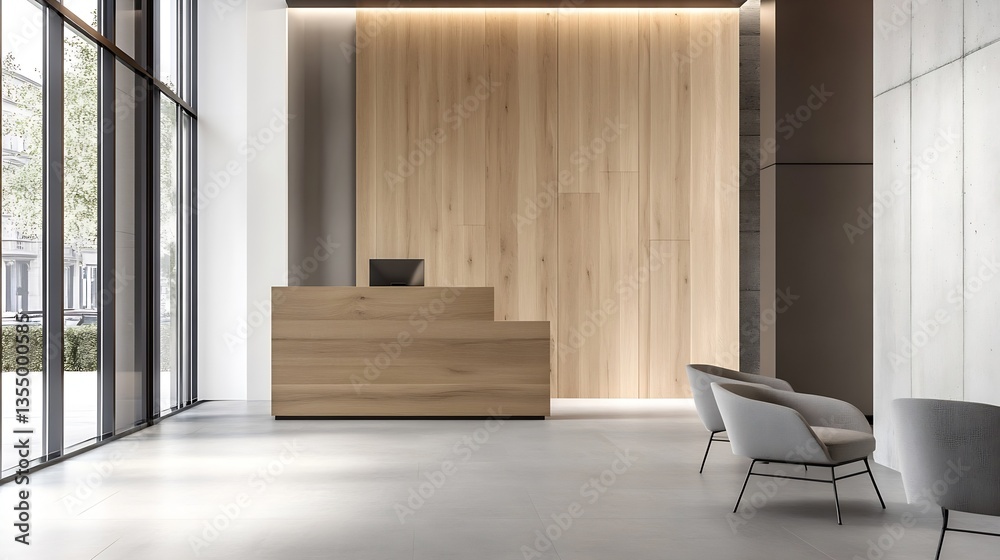 Poster modern reception area with wooden features and stylish seating for a contemporary office environment