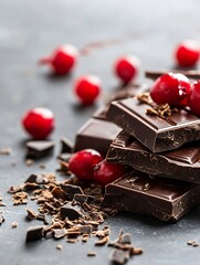 Delicious Dark Chocolate Bars Stacked with Sweet Red Berries for a Tempting Dessert : Generative AI