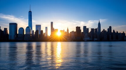 Obraz premium Stunning Sunset Over New York City Skyline Reflected in Water : Generative AI