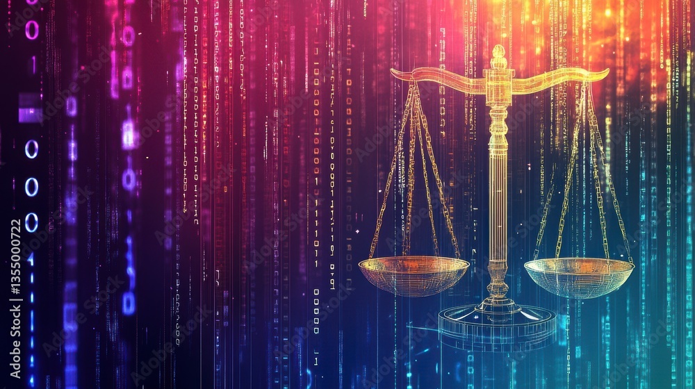 Aufkleber Golden scales of justice against a digital binary code backdrop.